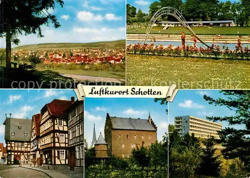 AK / Ansichtskarte Schotten Panorama Schwimmbad Fachwerkbauten Rathaus Schloss Heilstaette Kat. Schotten