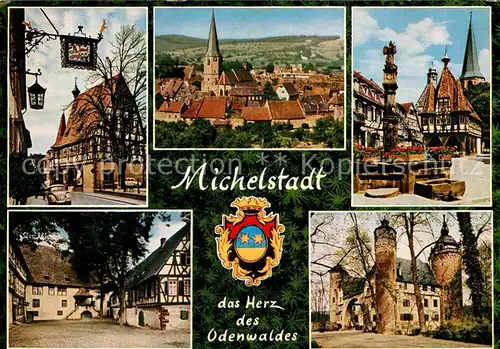 AK / Ansichtskarte Michelstadt Fachwerkhaus Stadtbild mit Kirche Brunnen Rathaus Schloss Wappen Kat. Michelstadt