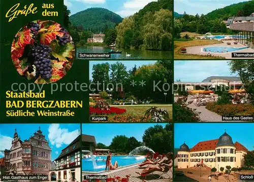 AK / Ansichtskarte Bad Bergzabern Schwanenweiher Thermalbad Kurpark Haus des Gastes Schloss Historisches Gasthaus zum Engel Weintrauben Kat. Bad Bergzabern