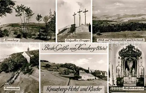 AK / Ansichtskarte Kreuzberg Rhoen Golgathagruppe Panorama Dammersfeld Eierhauk Wallfahrtskirche Prozession Hotel Kloster Bromsilber Kat. Gersfeld (Rhoen)