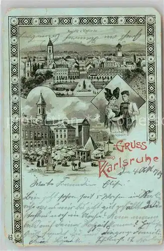 AK / Ansichtskarte Karlsruhe Baden Stadtblick Markt Badische Volkstracht