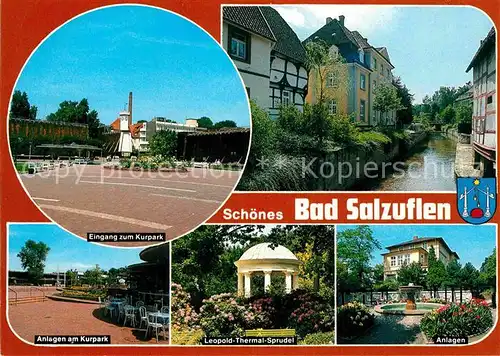 AK / Ansichtskarte Bad Salzuflen Eingang zum Kurpark Haeuserpartie am Bach Kuranlagen Leopold Thermal Sprudel Kat. Bad Salzuflen