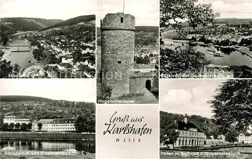 AK / Ansichtskarte Karlshafen Bad Hugenottenturm Hafen Rathaus  Kat. Bad Karlshafen