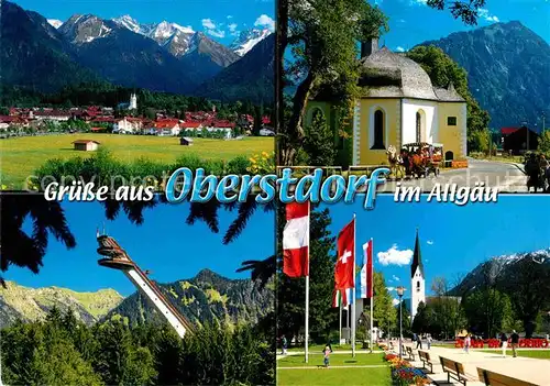 AK / Ansichtskarte Oberstdorf Gesamtansicht Kurort mit Alpenpanorama Lorettokapelle Skiflugschanze Birgsautal Pfarrkirche Kurpark Kat. Oberstdorf