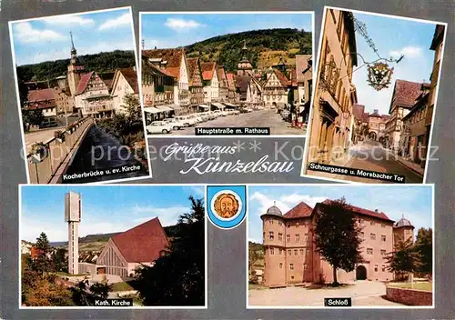 AK / Ansichtskarte Kuenzelsau Kocherbruecke Kirche Hauptstrasse Rathaus Schnurgasse Tor Schloss Kat. Kuenzelsau