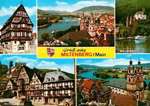 AK / Ansichtskarte Miltenberg Main Hotel Riesen Fachwerkhaus Marktplatz Panorama Blick von der Burg Kirche Kat. Miltenberg