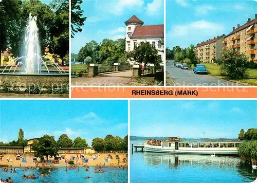 AK / Ansichtskarte Rheinsberg Springbrunnen Platz der Befreiung Schloss jetzt Sanatorium Joliot Curie Strasse Freibad Grienericksee Anlegestelle Weisse Flotte Kat. Rheinsberg