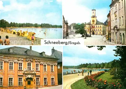 AK / Ansichtskarte Schneeberg Erzgebirge Waldstrandbad Filzteich Ernst Thaelmann Platz Rathaus  Kat. Schneeberg