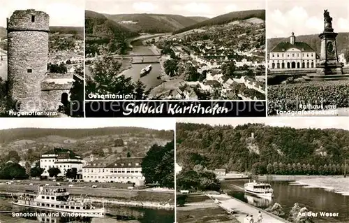 AK / Ansichtskarte Bad Karlshafen Hogenottenturm Sanatorium Kindersolbad Rathaus Landgrafendenkmal Weser Dampfer Kat. Bad Karlshafen