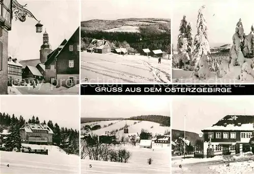 AK / Ansichtskarte Osterzgebirge Region Geising Kurort Baerenfels Tellkoppe Kahleberg Altenberg Urlaubercafe Schellerhau Kipsdorf Bahnhof Winterlandschaften