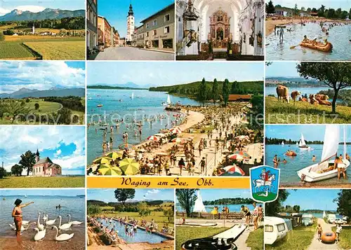 AK / Ansichtskarte Waging See Marktplatz St Martinskirche Kurhaus Gebirgsblick Strandpromenade Muehlberg Kirchl Segeln Schwaene Kneippbad Minigolf Campingplatz Kat. Waging a.See