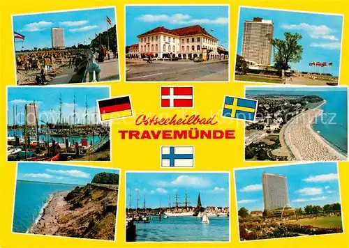 AK / Ansichtskarte Travemuende Ostseebad Strand Promenade Hotel Yachthafen Kueste Nationalflaggen Kat. Luebeck