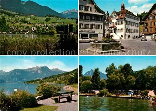 AK / Ansichtskarte Sarnen Ansicht mit Ramersberg Dorfplatz Brunnen Seeanlage Campingplatz Kat. Sarnen