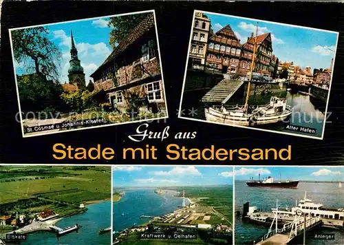 AK / Ansichtskarte Stade Niederelbe mit Stadersand Fliegeraufnahme Elbkate Hafen Johannis Kloster Anleger Kraftwerk am Oelhafen Kat. Stade