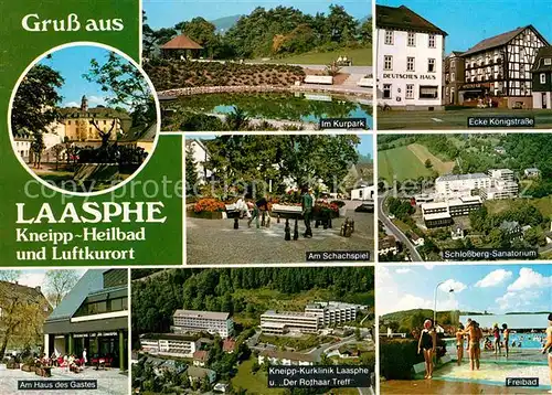 AK / Ansichtskarte Laasphe Kneipp Luftkurort Kurpark Bodenschach Schlossberg Sanatorium Freibad Rothaar Treff Kurklinik Haus des Gastes Kat. Bad Laasphe