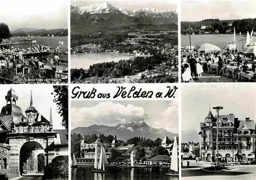 AK / Ansichtskarte Velden Woerther See Badesteg Restaurant Terrasse Kurhotel Torbogen Segeln Alpenpanorama Kat. Velden am Woerther See