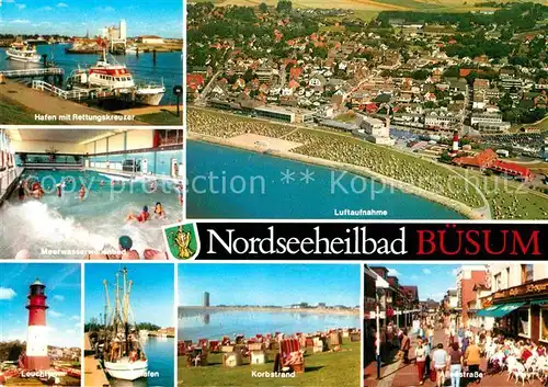 AK / Ansichtskarte Buesum Nordseebad Fliegeraufnahme Korbstrand Alleestrasse Leuchtturm Hafen Meerwasserschwimmbad Kat. Buesum