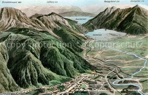 AK / Ansichtskarte Bad Heilbrunn mit Kochel und Walchensee aus der Vogelperspektive Alpenpanorama Kat. Bad Heilbrunn