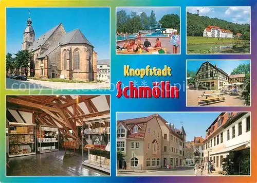 AK / Ansichtskarte Schmoelln Thueringen Stadtkirche Sankt Nicolai Freibad Stadtpark Knopfmuseum Marktansicht Kat. Schmoelln