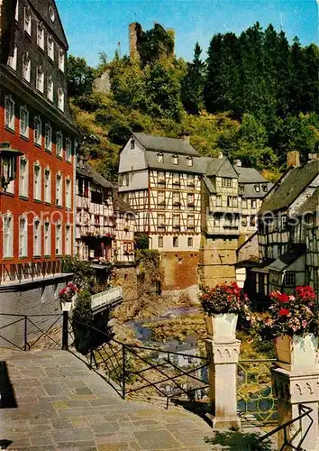 AK / Ansichtskarte Monschau Partie am Haller mit Rotem Haus Burgruine Altstadt Fachwerkhaeuser Kat. Monschau