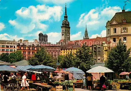 AK / Ansichtskarte Muenchen Viktualienmarkt Frauenkirche Peterskirche Rathausturm Kat. Muenchen