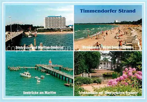 AK / Ansichtskarte Timmendorfer Strand Ostseeheilbad Seebruecke Maritim Seehotel Strandleben Hotel Seeschloesschen Trinkkurhalle Seepferdchen Brunnen Kat. Timmendorfer Strand