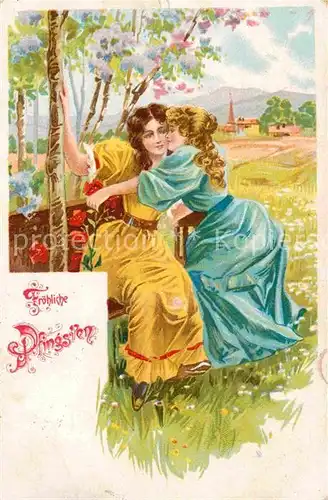 AK / Ansichtskarte Pfingsten Pentecost Pentecote Frauen Mode Litho Blumen  Kat. Greetings