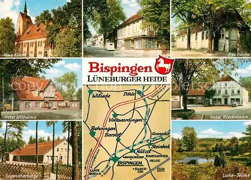 AK / Ansichtskarte Bispingen Kirche Strassenansicht Hotel Luhe Teich Jugendherberge Landkarte Kat. Bispingen Lueneburger Heide