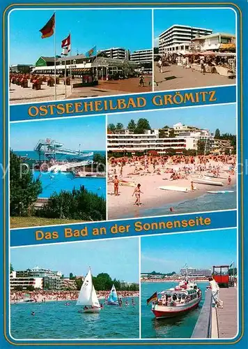 AK / Ansichtskarte Groemitz Ostseebad Strand Hotels Souvenirlaeden Freibad Rutschbahn Segeln Ausflugsboot Kat. Groemitz