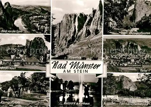 AK / Ansichtskarte Bad Muenster Stein Ebernburg Panorama Blick von der Gams Rotenfels Rheingrafenstein Baederhaus Kleingolf Kurpark Kurhaus Schwimmbad Kat. Bad Muenster am Stein Ebernburg