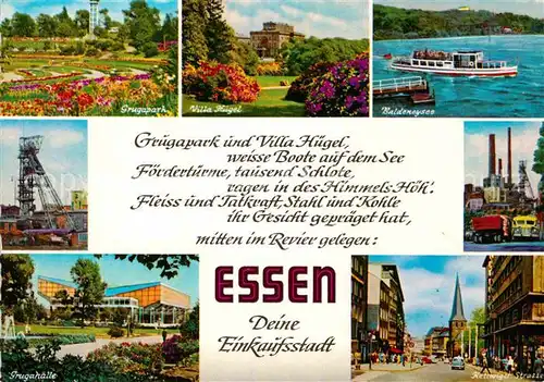 AK / Ansichtskarte Essen Ruhr Grugapark Grugahalle Villa Huegel Baldeneysee Foerderturm Stahlwerk Kettwiger Strasse Kat. Essen