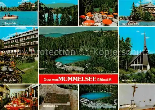 AK / Ansichtskarte Mummelsee Berghotel Bootsfahrt Gaststube Gedenkstein Kapelle Panorama Schwarzwald Kat. Seebach