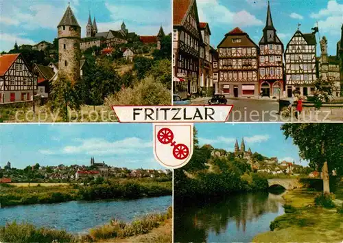 AK / Ansichtskarte Fritzlar Turm Schloss Marktplatz Fachwerkhaeuser Brunnen Partie am Fluss Kat. Fritzlar