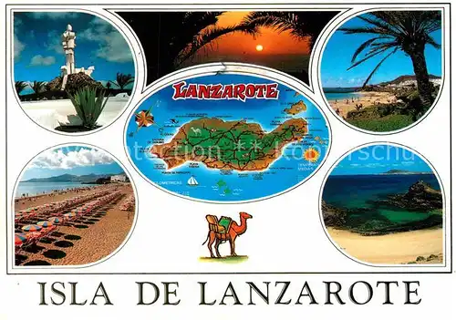 AK / Ansichtskarte Lanzarote Kanarische Inseln Denkmal Strand Palmen Sonnenuntergang am Meer Insel