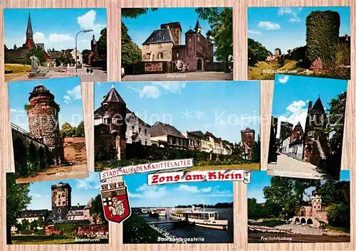 AK / Ansichtskarte Zons Feldstr Rheintor Kroetschenturm Muehlenturm Wachttuermchen Rheinturm Bootsanlegestelle Freilichtbuehne Kat. Dormagen