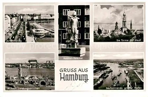 AK / Ansichtskarte Hamburg Jungfernstieg St Pauli Landungsbruecken Hummel Denkmal Tuerme der Stadt Hafen Kat. Hamburg