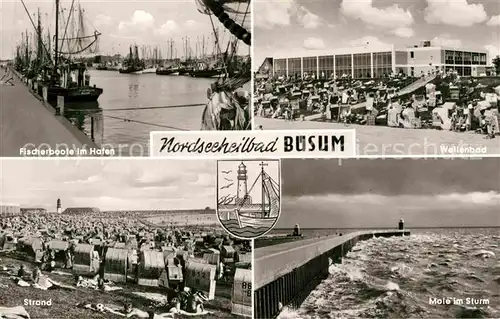 AK / Ansichtskarte Buesum Nordseebad Fischerboote Hafen Wellenbad Mole Sturm Strand Kat. Buesum