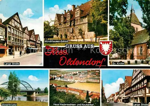 AK / Ansichtskarte Hessisch Oldendorf Lange Strasse Muenchhausen Schloss Ev Kirche Weserbruecke Haus Niedersachsen und Keukenhof Kat. Hessisch Oldendorf