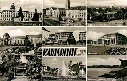 AK / Ansichtskarte Karlsruhe Baden Marktplatz Festhalle Wildpark Stadion Pyramide Schloss 