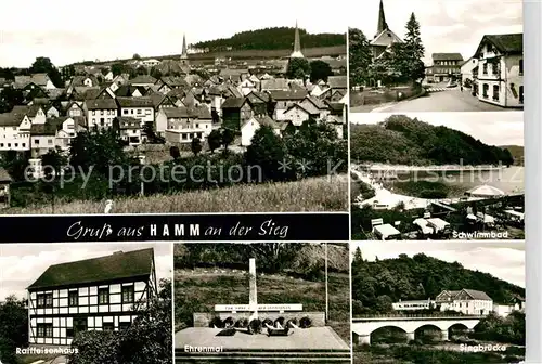 AK / Ansichtskarte Hamm Sieg Schwimmbad Raiffeisenhaus Ehrenmal Siegbruecke Panorama Kat. Hamm (Sieg)