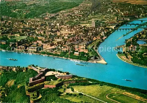 AK / Ansichtskarte Koblenz Rhein Muendung der Mosel in den Rhein Deutsches Eck Festung Ehrenbreitstein Fliegeraufnahme Kat. Koblenz