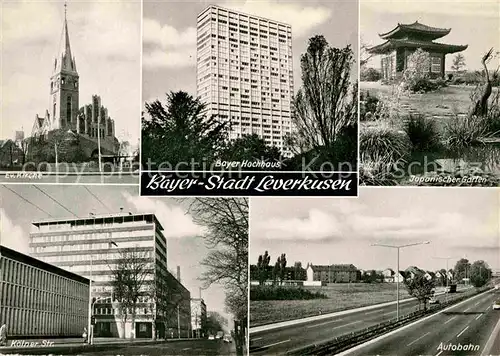 AK / Ansichtskarte Leverkusen Ev Kirche Bayer Hochhaus Japan Garten Koelner Strasse Autobahn Kat. Leverkusen