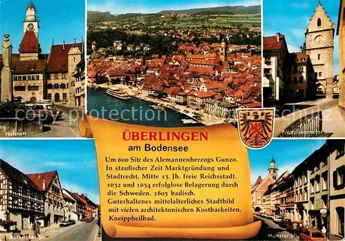 AK / Ansichtskarte ueberlingen Bodensee Hofstatt Brunnen Franziskanertor Muensterstrasse Aufkircher Strasse Fliegeraufnahme Wappen Geschichte Kat. ueberlingen