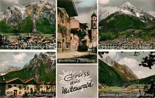 AK / Ansichtskarte Mittenwald Bayern Karwendelgebirge Lautersee Wetterstein Alpspitze Neunerhaus Pfarrkirche   Kat. Mittenwald