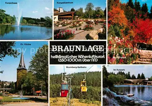 AK / Ansichtskarte Braunlage Kurparksee Evangelische Kirche Wurmberg Seilbahn Kurgastzentrum Kat. Braunlage Harz