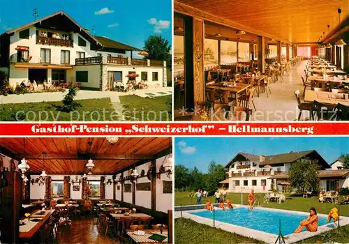 AK / Ansichtskarte Hellmannsberg Waging See Gasthof Pension Schweizerhof Gastraum Pool Aussenansicht Kat. Wonneberg