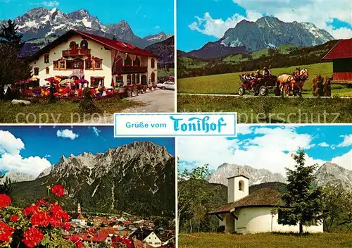 AK / Ansichtskarte Mittenwald Bayern Hotel Toni Hof Kirche Panorama Kutsche Teilansicht  Kat. Mittenwald