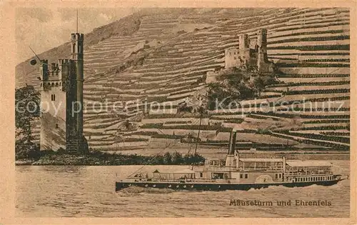 AK / Ansichtskarte Bingen Rhein Maeuseturm Burgruine Ehrenfels Personendampfer Kat. Bingen am Rhein