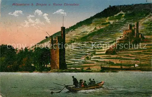 AK / Ansichtskarte Bingen Rhein Maeuseturm Burgruine Ehrenfels Fischerboot Kat. Bingen am Rhein