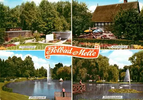 AK / Ansichtskarte Bad Melle Osnabrueck Vogelhaus Heimathof Heldenhain Schwanenteich Fontaene Stadtpark Kat. Melle